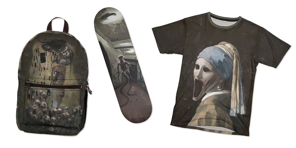 “The Kiss” Backpack, “There is something on the third floor” Skateboard, and “Meisje met de parel” Cut & Sew T-Shirt by Danny Ingrassia