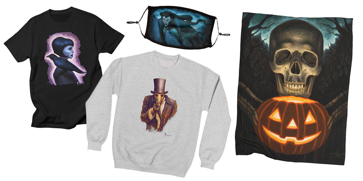 “CrowGirl” Men’s Regular T-Shirt, “Lilith Mask” Premium Face Mask, “I Want You” Men’s Classic Fleece Sweatshirt, and “All Hallows Eve” Fleece Blanket by Chet Zar