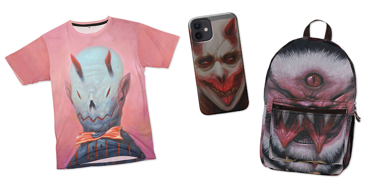 “Silly Boy with Bacon Bow Tie” Cut & Sew T-Shirt, “Portrait of a Devil” Phone Case, and “Ajax” Backpack by Jorge Dos Diablos