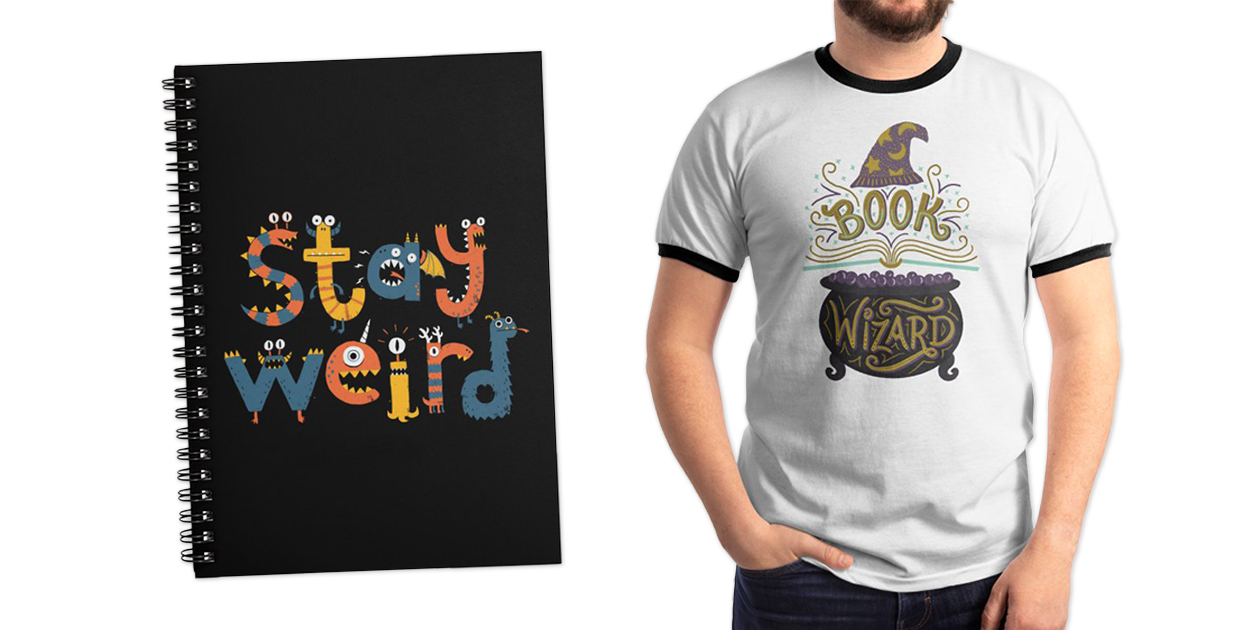 “Stay Weird” Notebook by Dino Mike and “Book Wizard” Men’s Ringer T-Shirt by MadeAdventurous