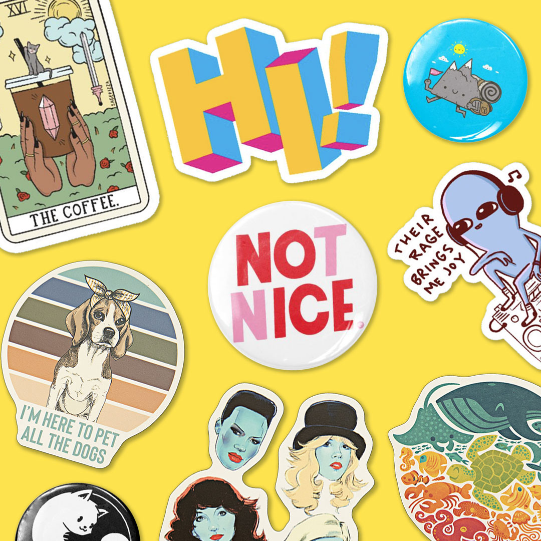 Featured Designs: “Coffee Reading” Sticker by sagepizza | “Hi!” Sticker by upso | “Wander” Button by lxromero | “I’m Here to Pet All the Dogs” Sticker by Roam-and-Roots | “Not Nice” Button by 5EyeStudio | “Their Rage Brings Me Joy” Sticker by Nathan W. Pyle | “Yin Yang Cat” Button by vo maria | “Iconic” Magnet by Ego Rodriguez | “Aquatic Rainbow” Magnet by waynem